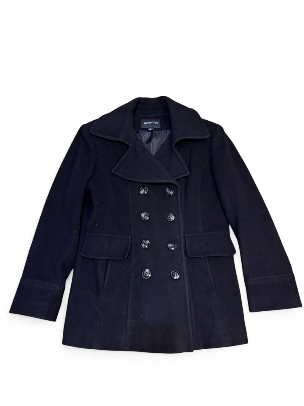 London Fog vintage Double-Breasted Peacoat in Black wool blend lined size large